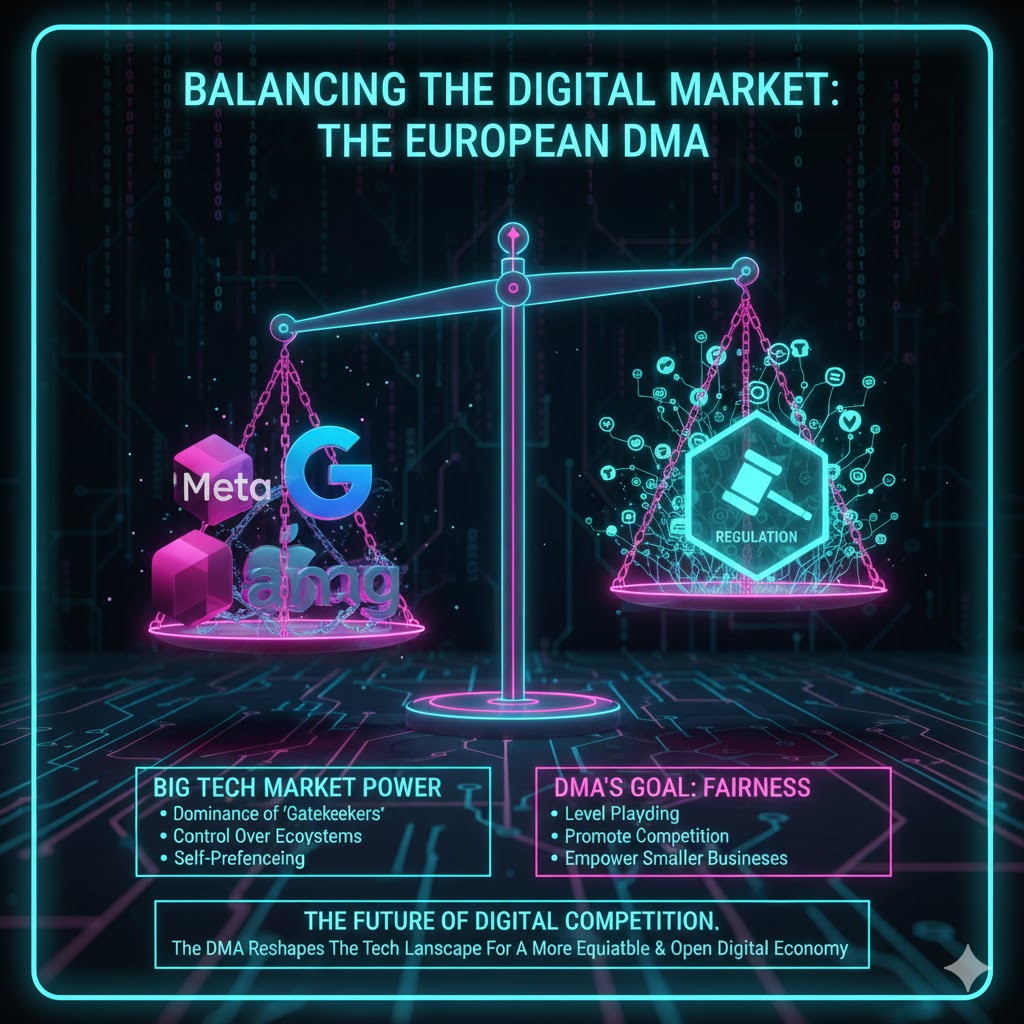 A digital scale with large corporate logos on one side and multiple small startup logos on the other, representing the European DMA's goal of balancing market power