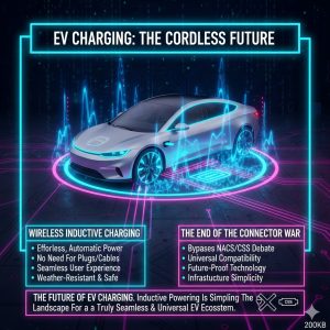 A futuristic visualization of an Electric Vehicle parked over a pad