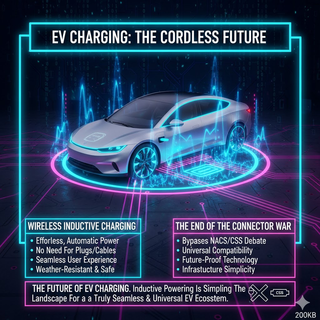 A futuristic visualization of an Electric Vehicle parked over a pad
