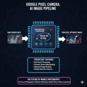 A graphic illustrating the layered process of AI Processing in the Google Pixel camera