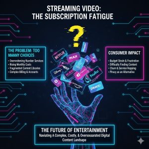 A graphic showing a consumer's hand attempting to juggle many different subscription cards