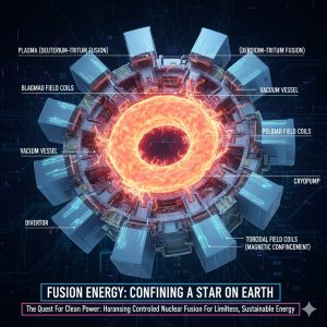 Fusion Energy Progress: ITER Project Update and the Race for Commercialization 2 A large, detailed cutaway illustration of a Tokamak fusion reactor