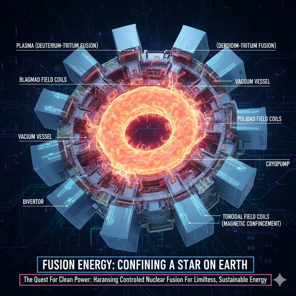 A large, detailed cutaway illustration of a Tokamak fusion reactor