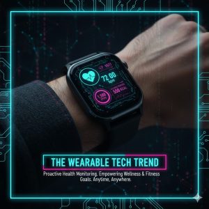 A person checking a smartwatch displaying key health data like heart rate and steps, representing the Wearable Tech trend