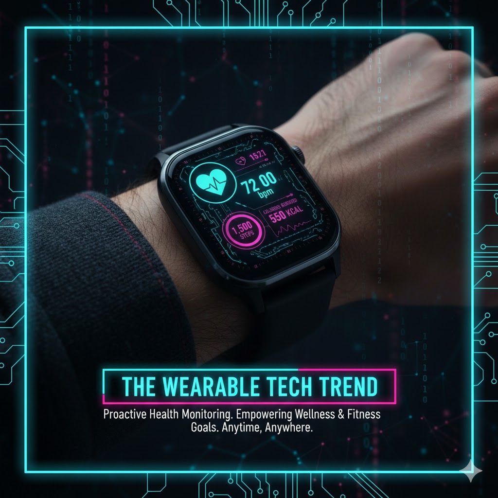 A person checking a smartwatch displaying key health data like heart rate and steps, representing the Wearable Tech trend