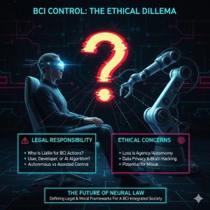 Advanced Brain-Computer Interfaces (BCI): Therapeutic Applications and Ethical Dilemmas 3 A person with a BCI headset controlling a robotic arm, with a large question mark symbol, highlighting the Ethical Dilemmas of BCI control and legal responsibility