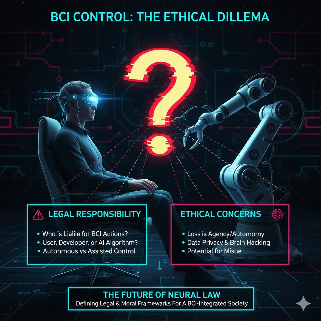 A person with a BCI headset controlling a robotic arm, with a large question mark symbol, highlighting the Ethical Dilemmas of BCI control and legal responsibility