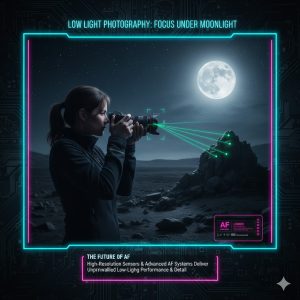 A photographer shooting handheld in a very dark environment (e.g., under moonlight) with a high-resolution mirrorless camera