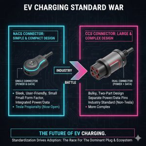 A side-by-side comparison of the physical NACS connector (small and simple) and the larger CCS connector