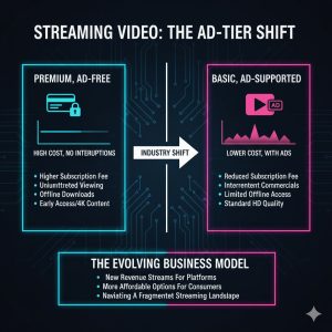 A split screen showing two pricing tiers- one Premium, Ad-Free and one Basic, Ad-Supported