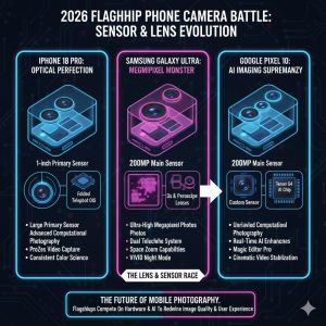 A stylized visual comparison of the three primary 2026 Flagship Phone camera modules (iPhone Pro, Samsung Ultra, Google Pixel)