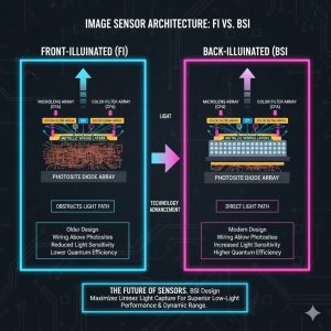 A technical cutaway diagram illustrating the difference between a traditional Front-Illuminated (FI) sensor and a modern Back-Illuminated (BSI) sensor