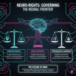 Advanced Brain-Computer Interfaces (BCI): Therapeutic Applications and Ethical Dilemmas 4 A visual representation of a brain connected to various legal and ethical scales, symbolizing the need for governance and Neuro-Rights to protect Cognitive Privacy