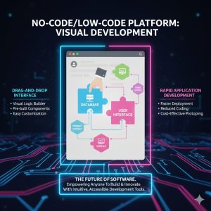 No-Code/Low-Code Platforms: Their Role in Democratizing Enterprise Application Development 2 A visual representation of a simple drag-and-drop interface with puzzle pieces connecting different application components