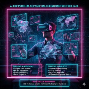 A worker using a virtual reality headset to analyze and manipulate complex 3D data