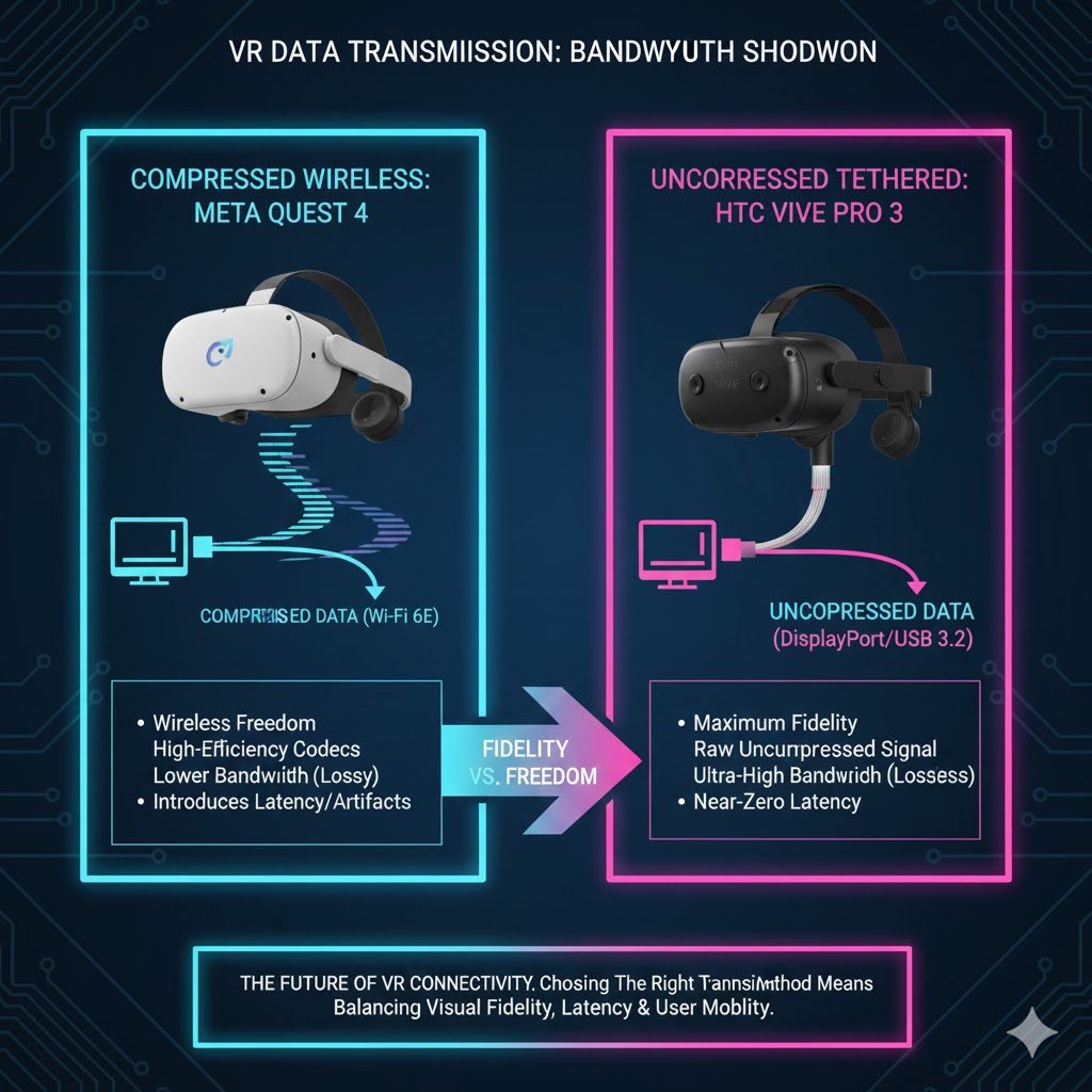 An abstract visualization of data bandwidth flowing from a PC to two different PC VR Headsets