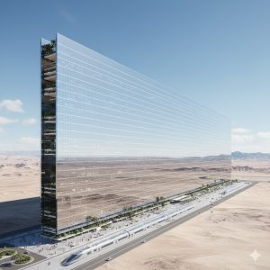 Architectural rendering of The Line city in NEOM, showing the massive, 170-kilometer long vertical skyscraper structure
