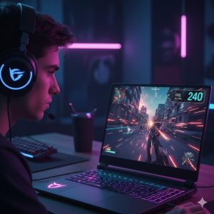 Close-up of a gamer focused on a high-refresh-rate gaming laptop screen with a stable FPS counter displaying a high number