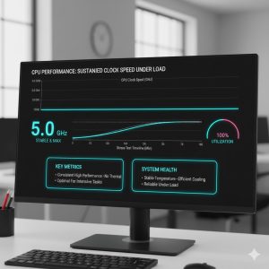 Computer screen displaying a performance graph where the CPU clock speed line is stable and high during a stress test