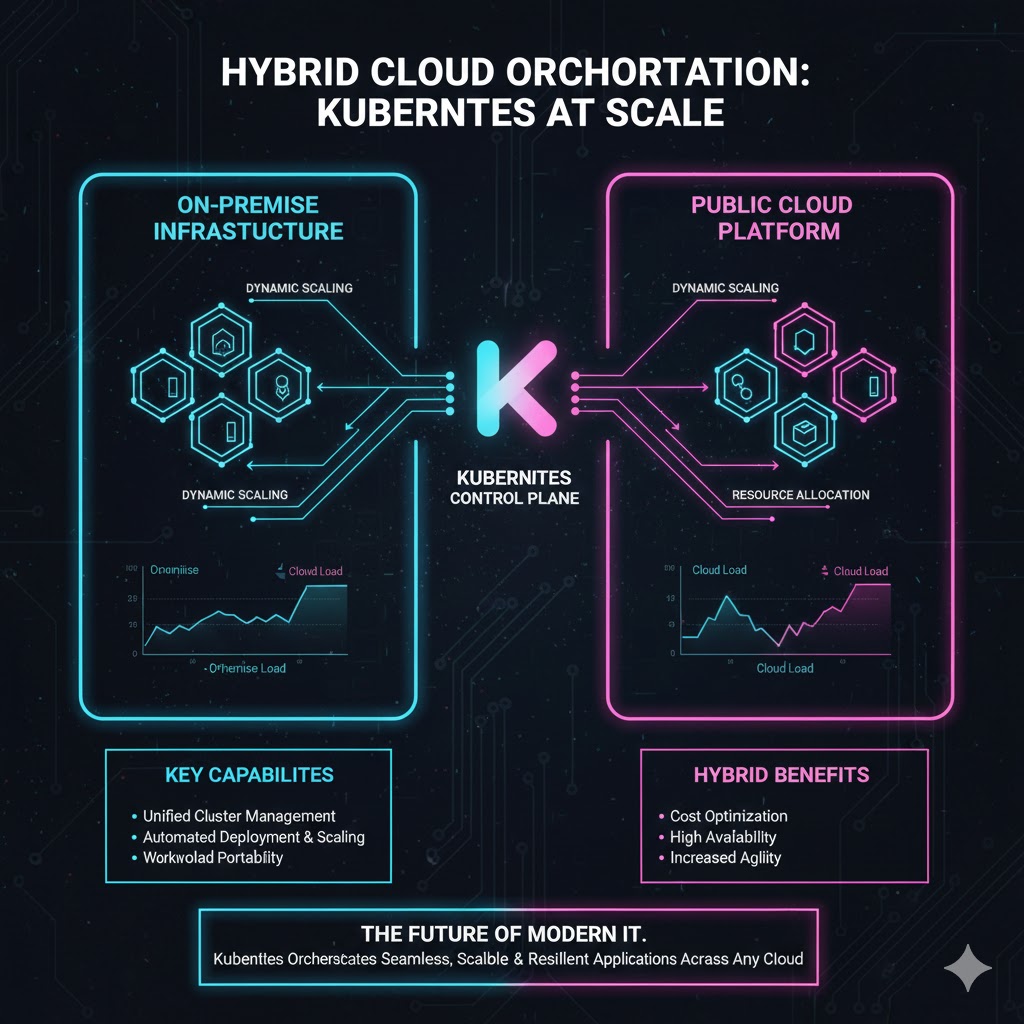 Conceptual image of Kubernetes managing and orchestrating containerized workloads, dynamically scaling applications