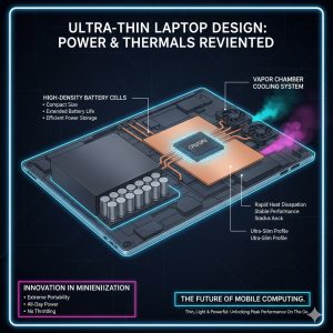 Cutaway diagram of a thin laptop chassis highlighting a compact, high-density battery cell and a specialized vapor chamber cooling system inside