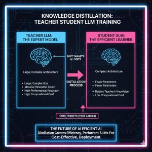 Diagram illustrating Knowledge Distillation from a Teacher LLM to a highly efficient Student SLM