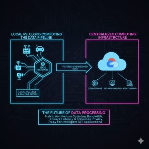 Diagram showing the flow of data from IoT sensors to local Edge Gateways, then selectively to the central Cloud infrastructure