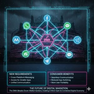 Digital illustration of multiple messaging application logos connected by lines, representing the DMA's requirement for interoperability between major communication platforms