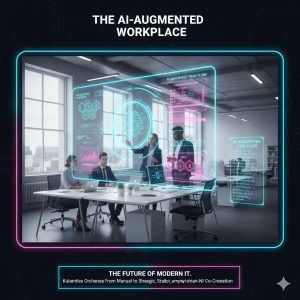 Human knowledge workers collaborating with advanced AI interfaces in a modern office