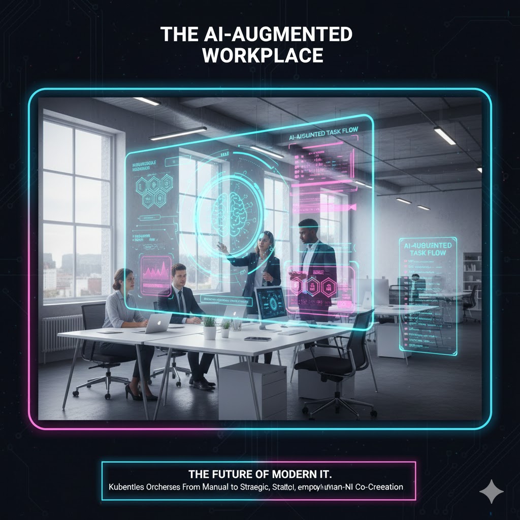 Human knowledge workers collaborating with advanced AI interfaces in a modern office