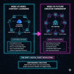 The Impact of Web3 on Content Ownership and Creator Economy: A 2026 Forecast 2 Infographic showing the shift from Web2 content licensing to Web3 NFT-based verifiable digital asset ownership for creators