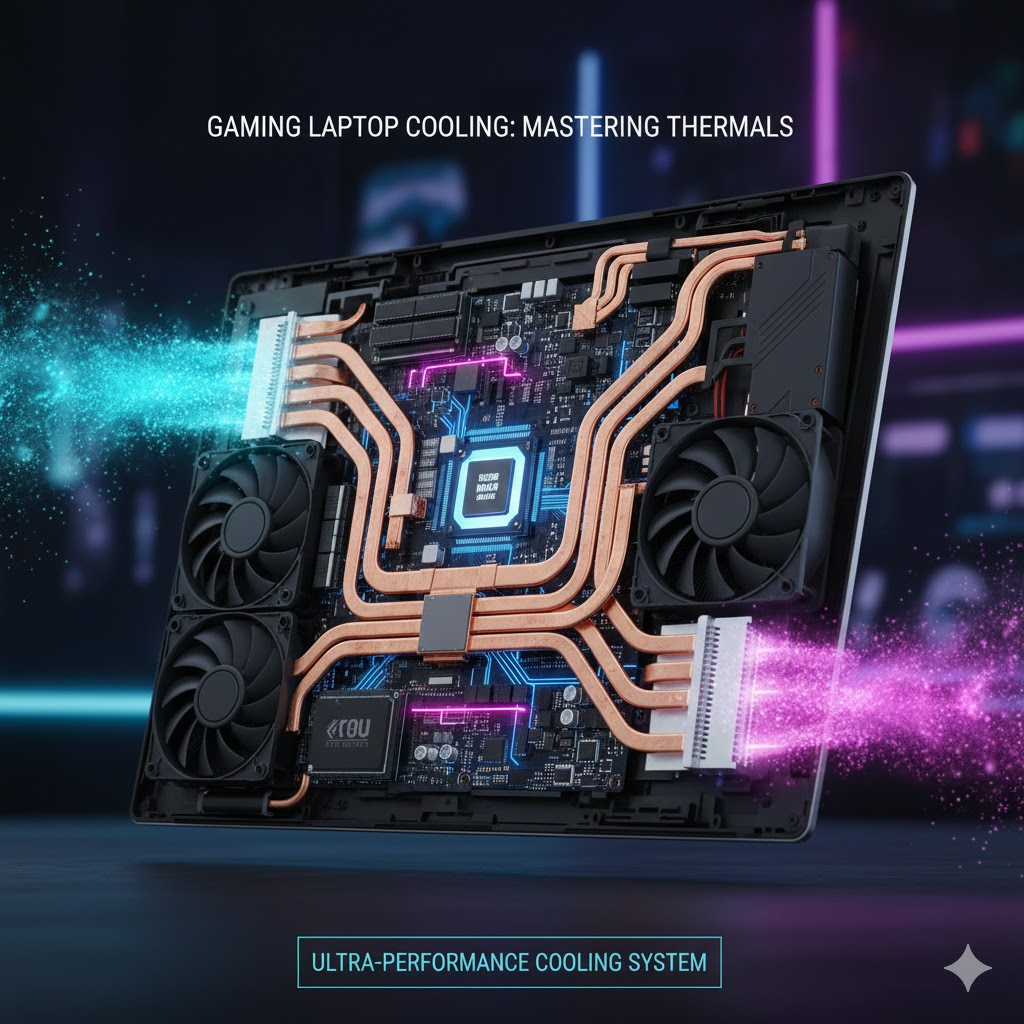 Internal view of a high-performance gaming laptop revealing the advanced cooling system with copper heat pipes and large cooling fans