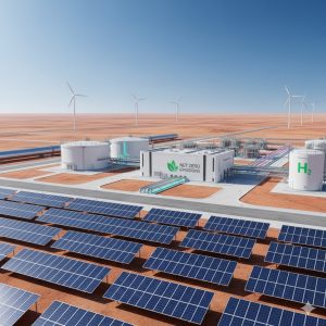 Large industrial facility for green hydrogen production in a sunny desert landscape