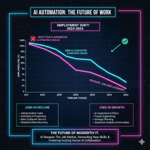Line graph illustrating the projected decline in employment for repetitive administrative and data-processing jobs