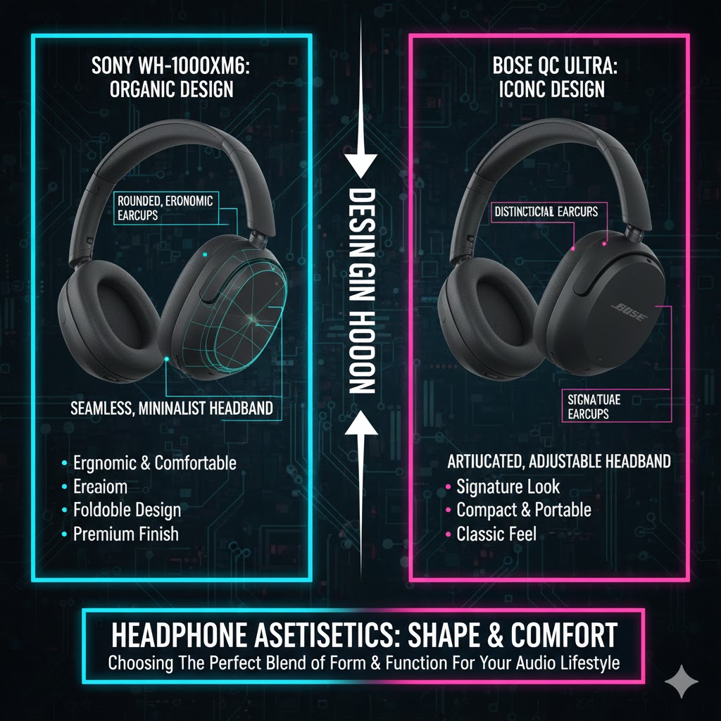 Side-by-side comparison of Sony WH-1000XM6 and Bose QC Ultra highlighting their distinct earcup shapes and headband designs.