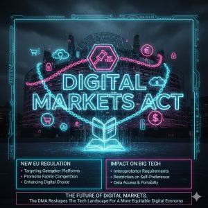 The European Parliament building with digital market symbols, representing the new Digital Markets Act (DMA) regulation targeting Big Tech