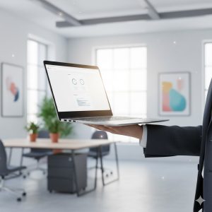 Ultra-light business laptop being held easily with one hand in a bright, modern office environment