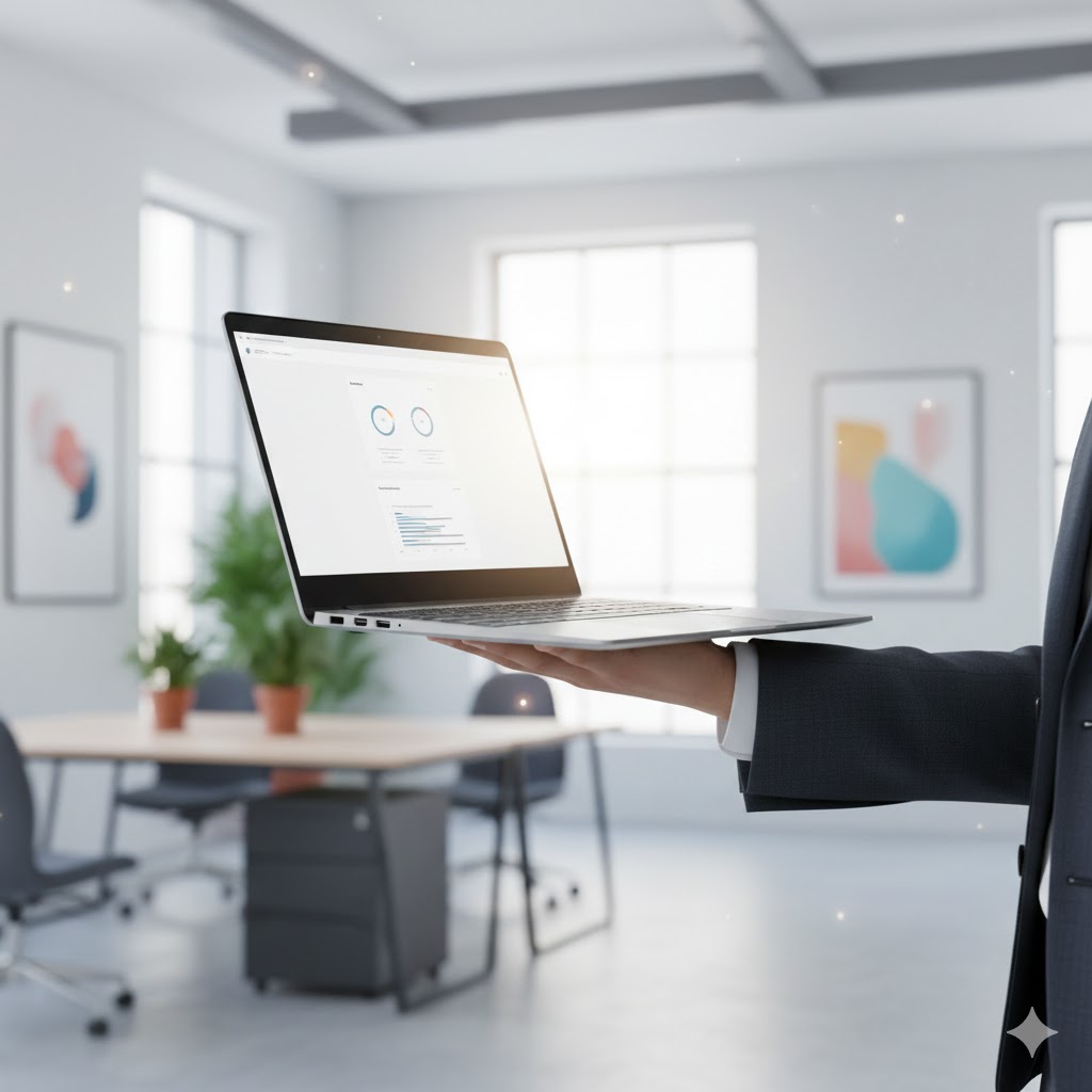 Ultra-light business laptop being held easily with one hand in a bright, modern office environment
