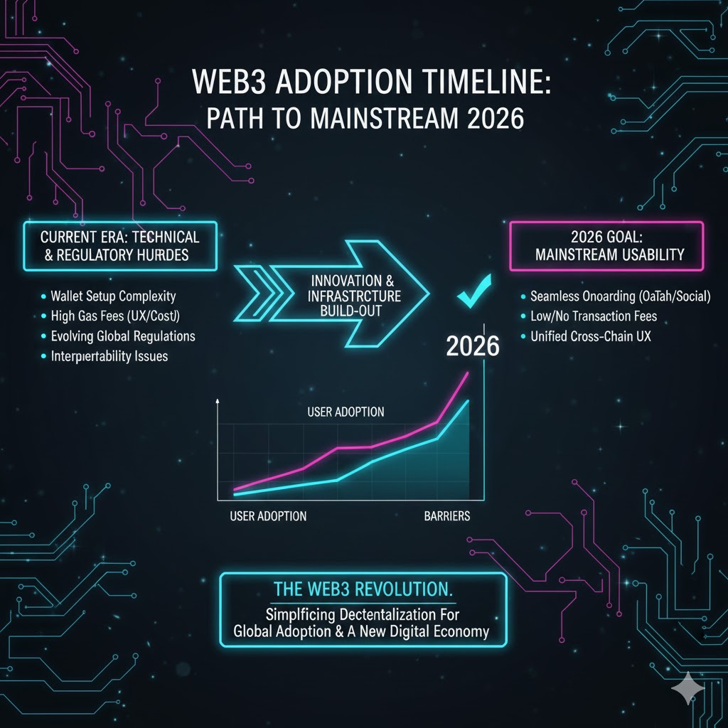 Web3 adoption timeline chart detailing the barriers of technical complexity and regulation versus the goal of mainstream usability by 2026