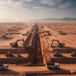 Wide shot of the NEOM construction site in the Saudi desert