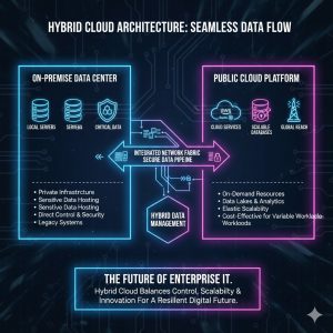 iagram illustrating a balanced hybrid architecture, showing a seamless data flow between the on-premise data center and the public cloud